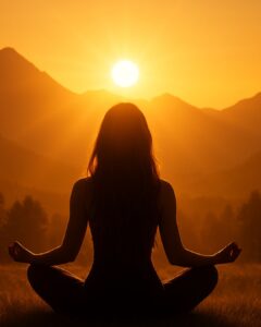 Tot rust komen in herfstfase van menstruatiecyclus. Mediterende vrouw